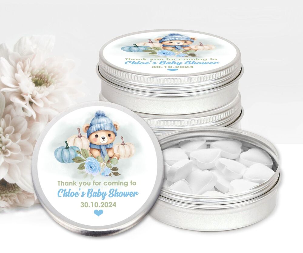 Personalised Baby Shower Party Favours Mint Tins - Blue Autumn Bear x1