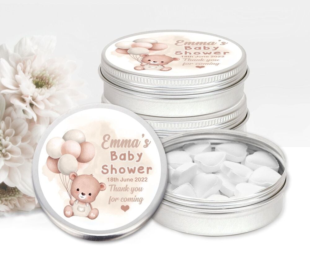 Personalised Baby Shower Party Favours Mint Tins - Beige Bear x1