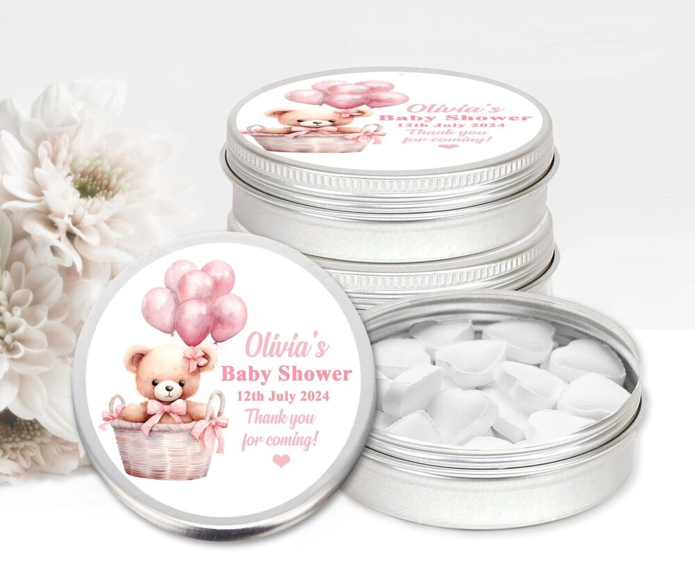 Personalised Baby Shower Party Favours Mint Tins - Pink Bear in Basket x1