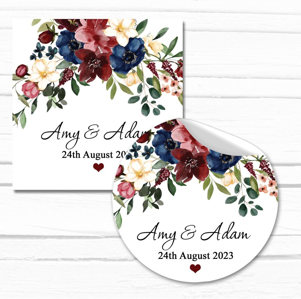 Personalised Wedding Stickers Navy Burgundy Floral Drop