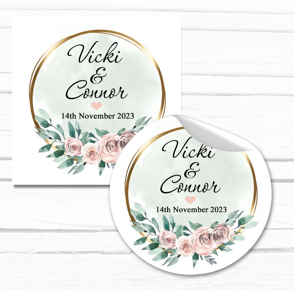 Personalised Wedding Stickers Rose Gold Floral Frame