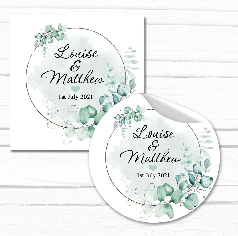 Personalised Stickers Wedding Green Eucalyptus Silver Frame