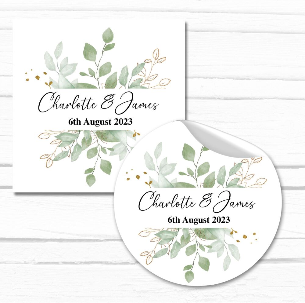 Personalised Wedding Stickers Botanicals Gold Leaf