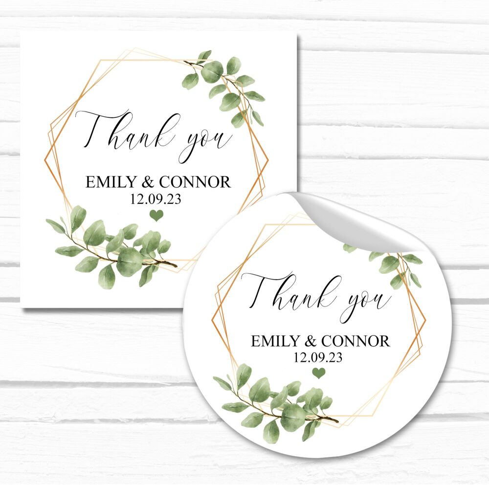 Personalised Wedding Stickers Botanicals Leaves Gold Frame