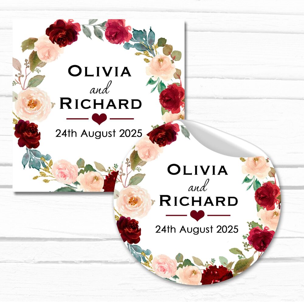 Personalised Stickers Wedding Burgundy & Blush Floral Roses Wreath