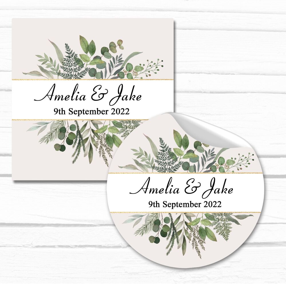 Personalised Stickers Wedding Botanical Wreath Gold Sparkles