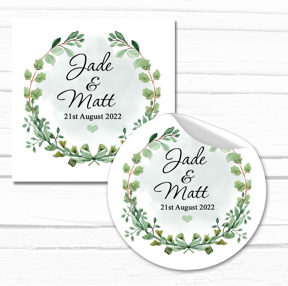 Personalised Wedding Stickers Green Leaves Laurel Wreath