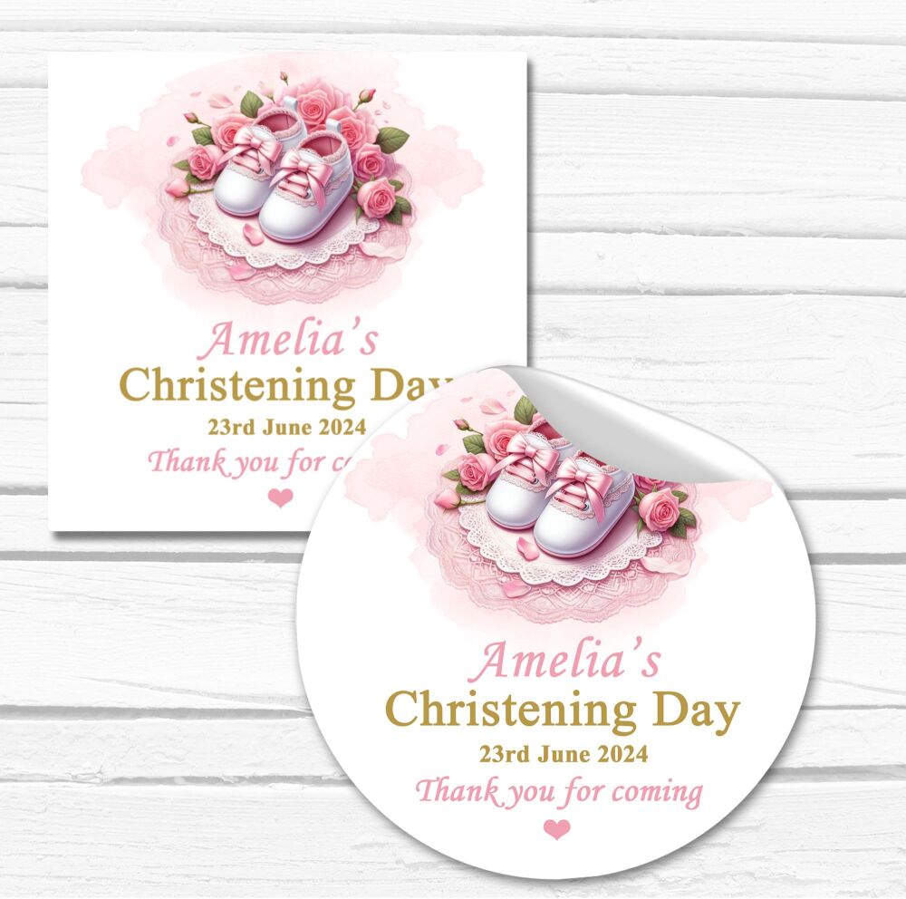 Personalised Christening Stickers Pink Booties