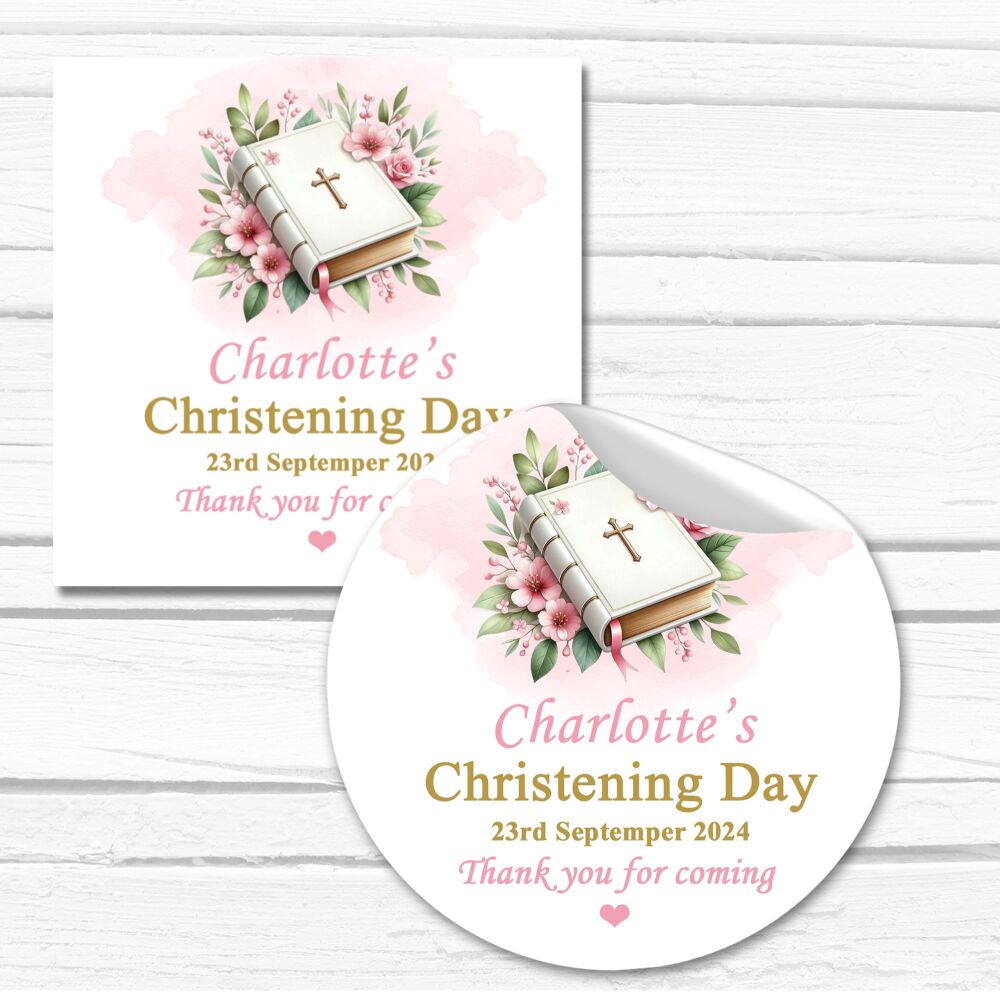 Personalised Christening Stickers Pink Floral Bible