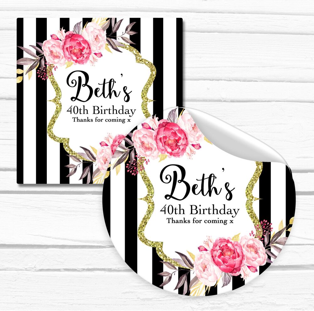 Personalised Birthday Party Stickers Black Stripes Flowers