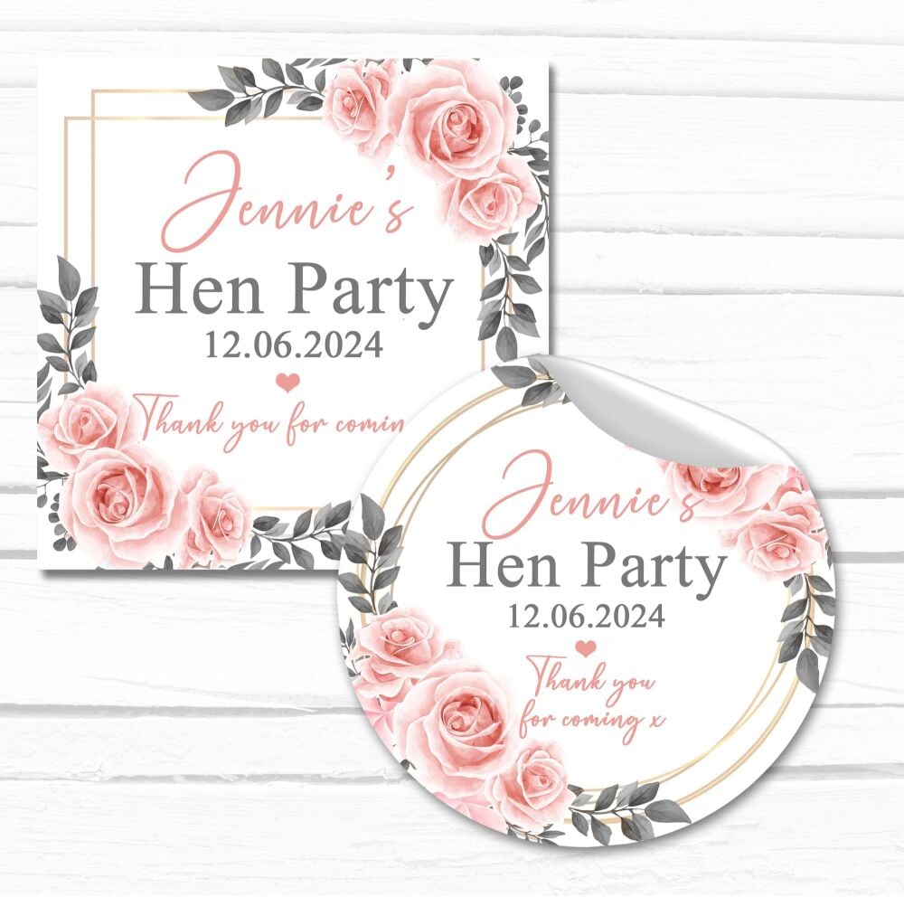 Boho Blush Roses Personalises Hen Party Bag Stickers