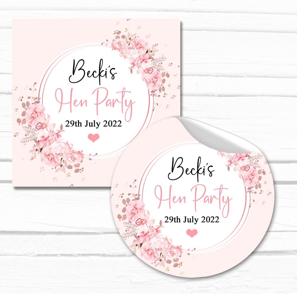 Pink Flowers Personalised Hen Party Bag Favour Stickers