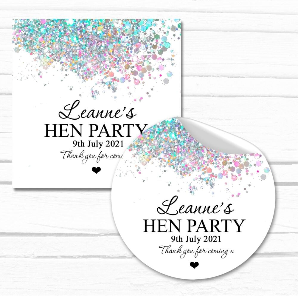 White Glitter Confetti Hen Party Bags Stickers