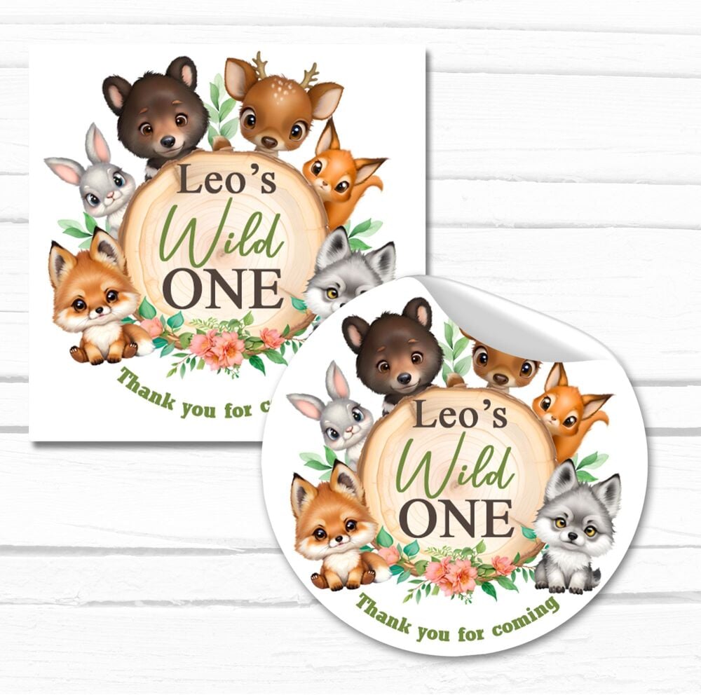 Wild One Animals Birthday Stickers Printed Party Labels