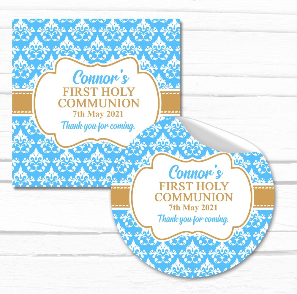 Blue Damask Personalised Holy Communion Stickers