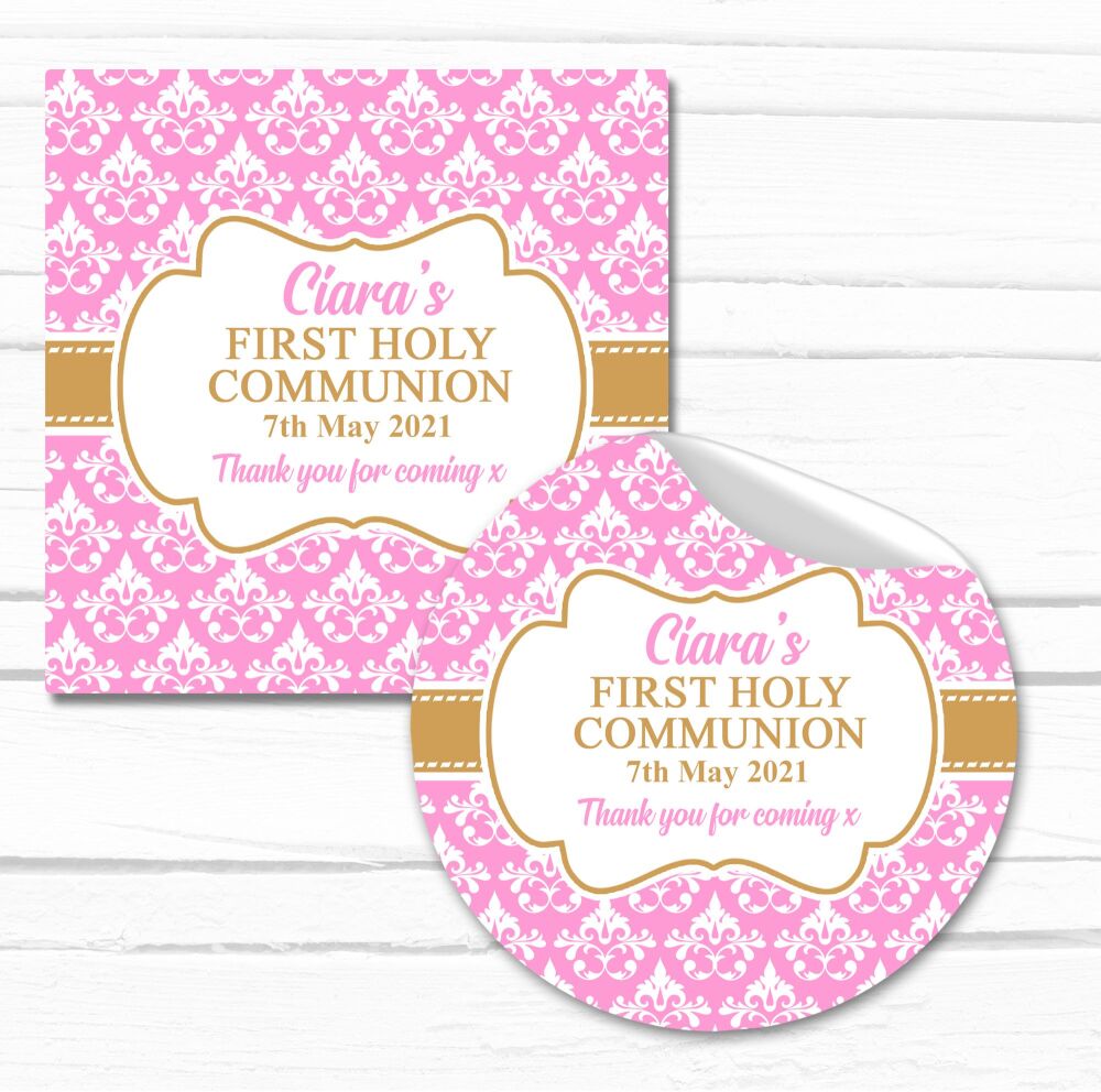 Personalised Holy Communion Stickers Pink Damask