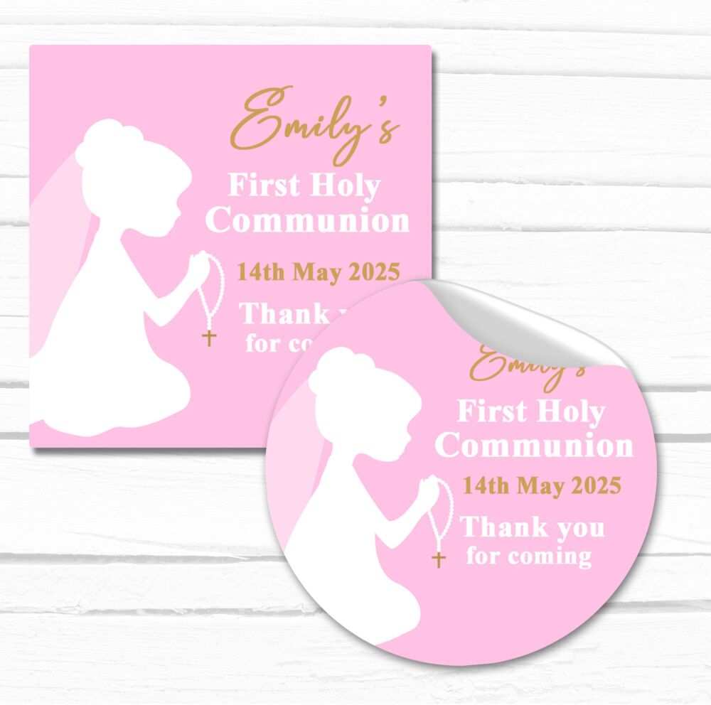 Pink Praying Girl Silhouette Personalised Holy Communion Stickers