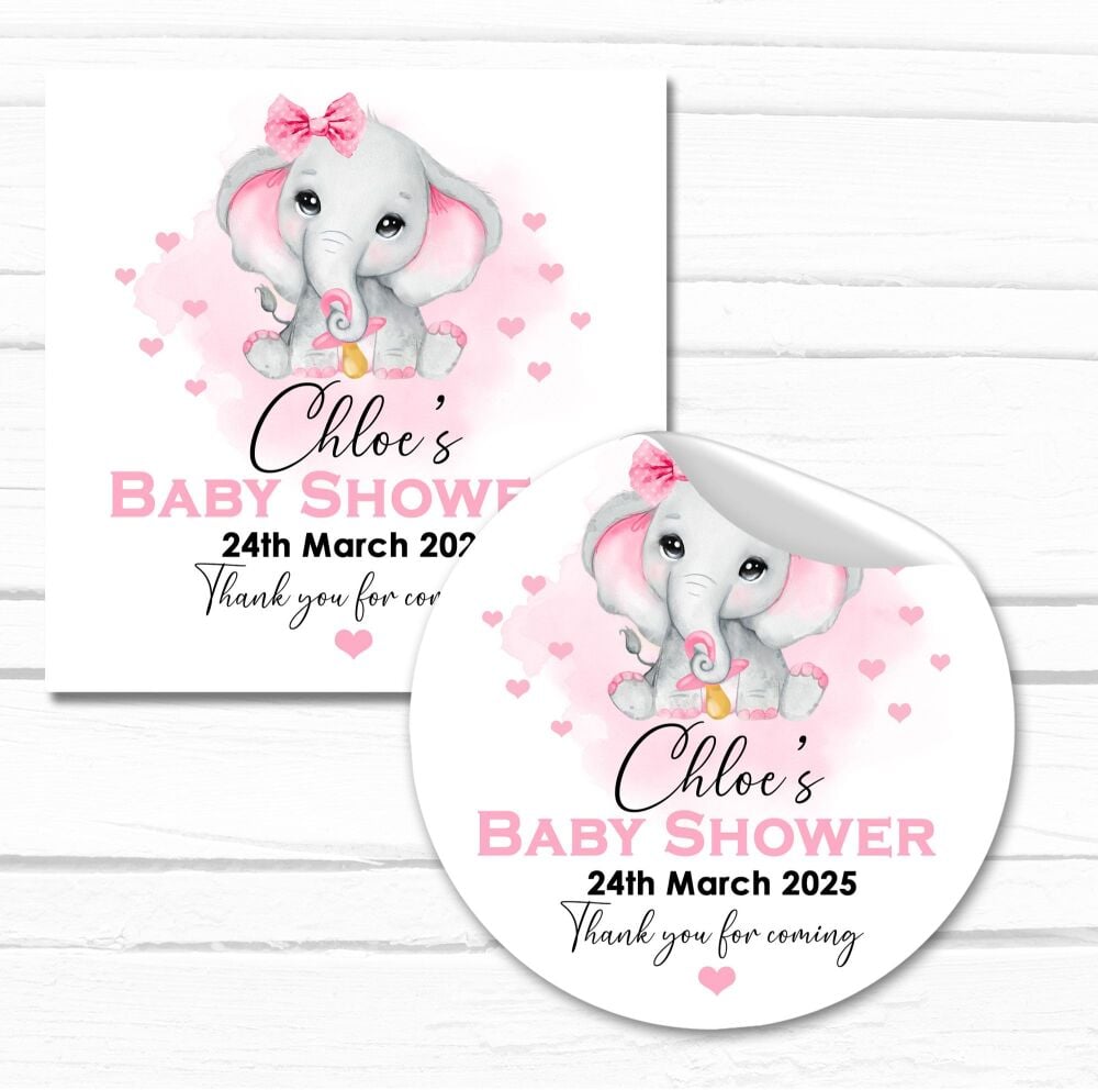 Pink Elephant Personalised Baby Shower Party Stickers