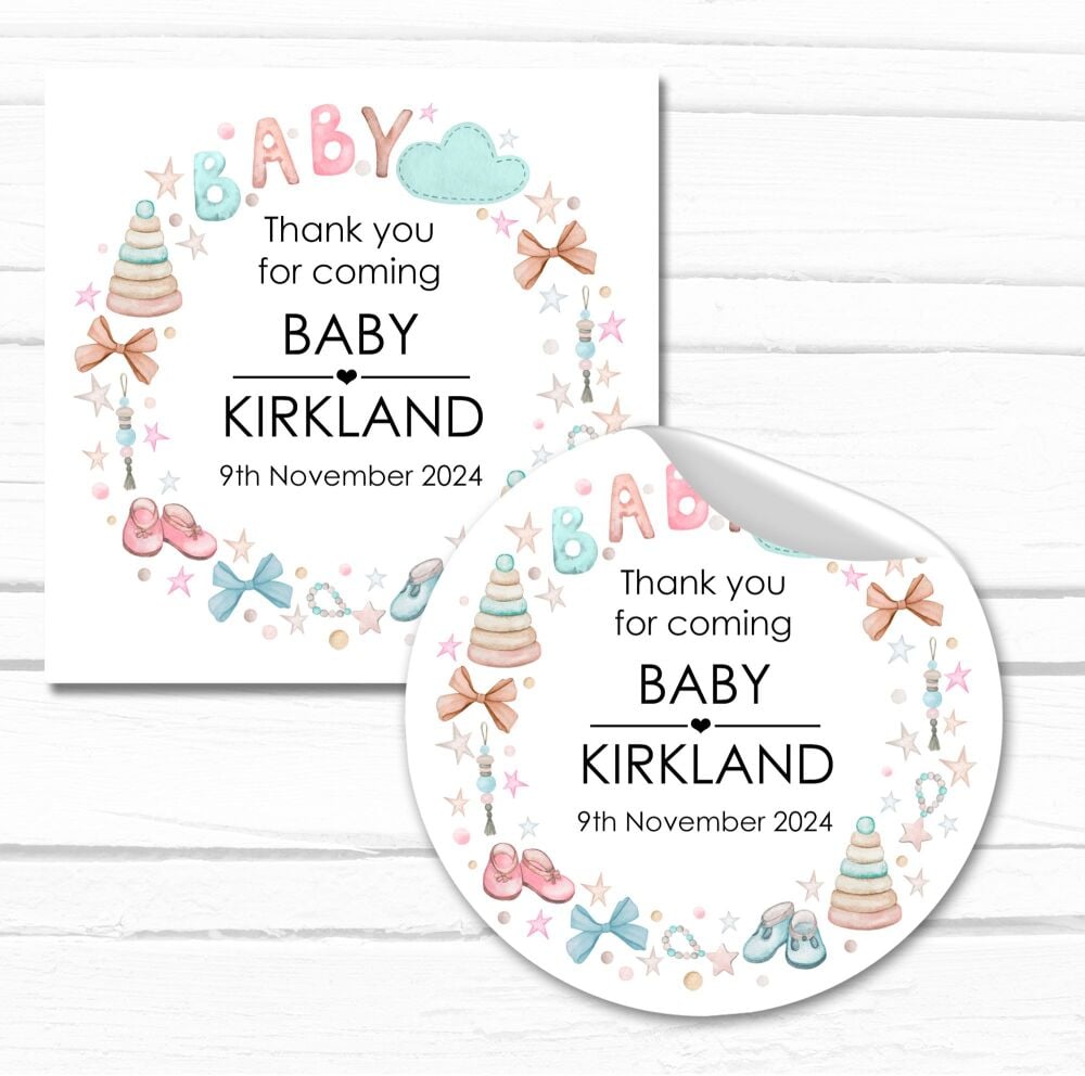 Toys and Stars Personalised Baby Shower Party Stickers 