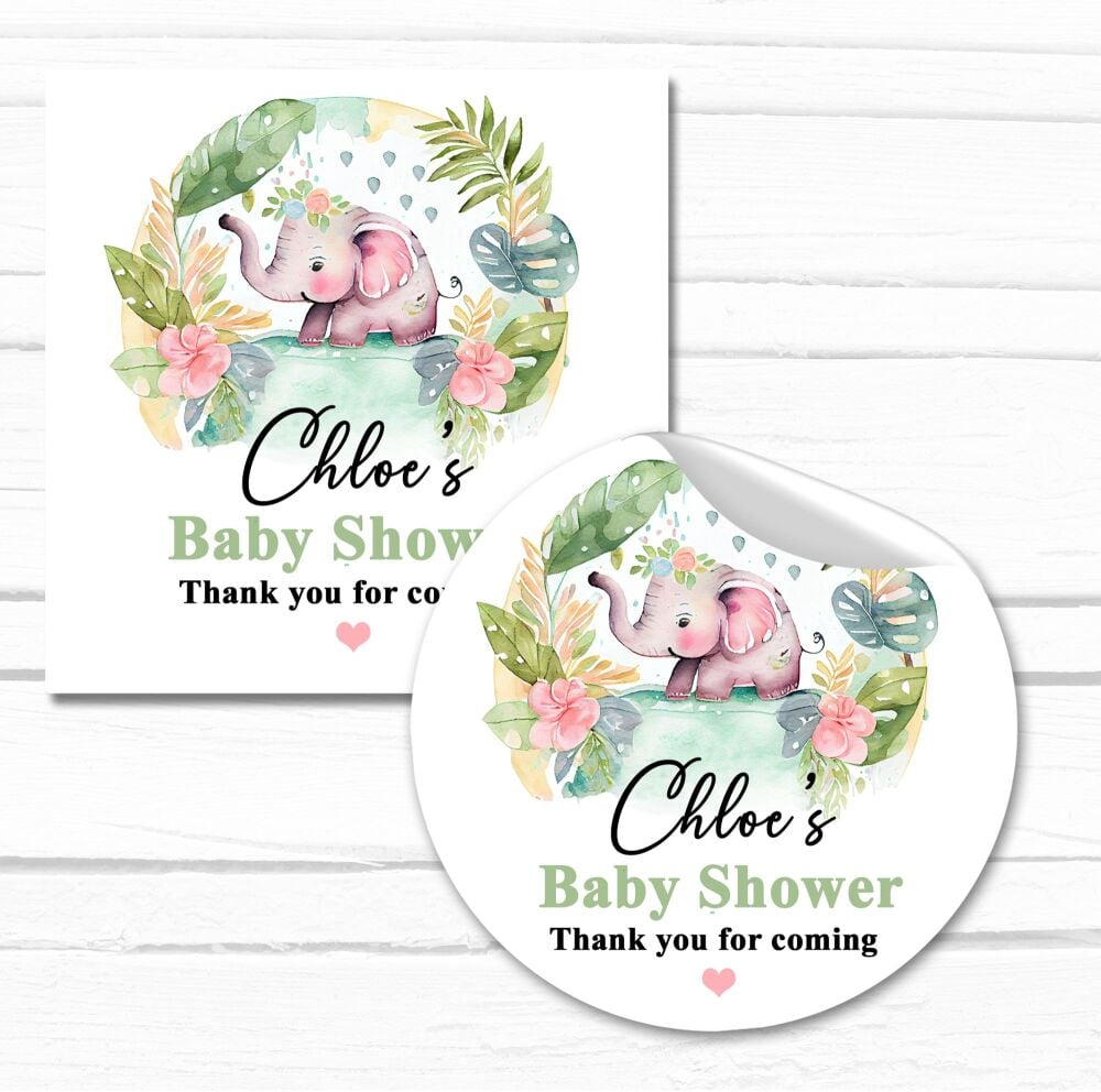 Tropical Elephant Personalised Baby Shower Party Stickers