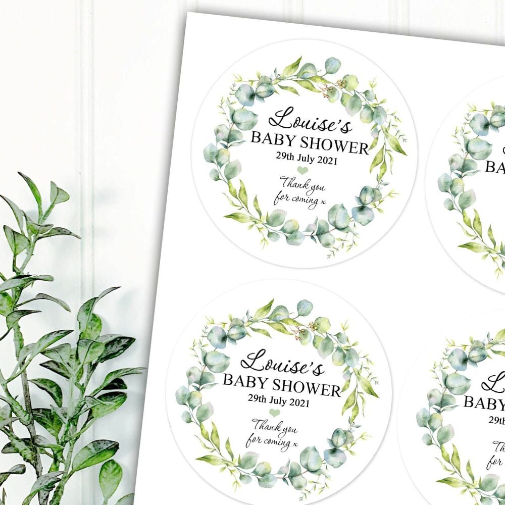 Eucalyptus Wreath Personalised Baby Shower Party Stickers