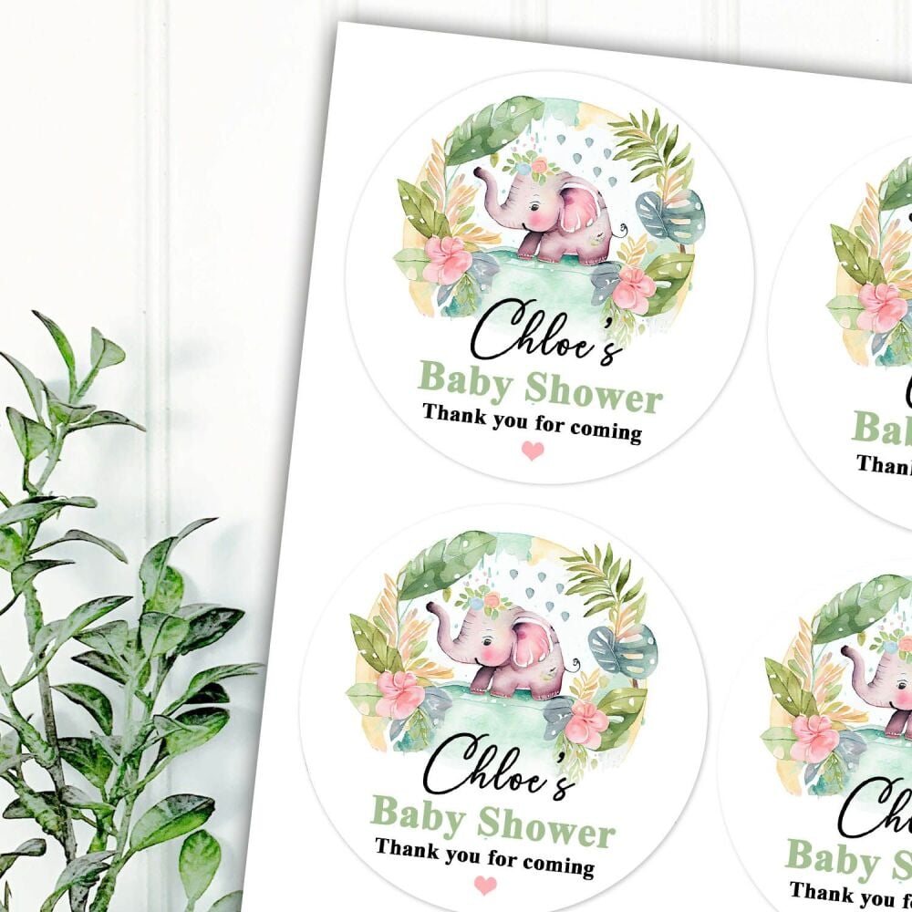 Tropical Elephant Personalised Baby Shower Party Stickers