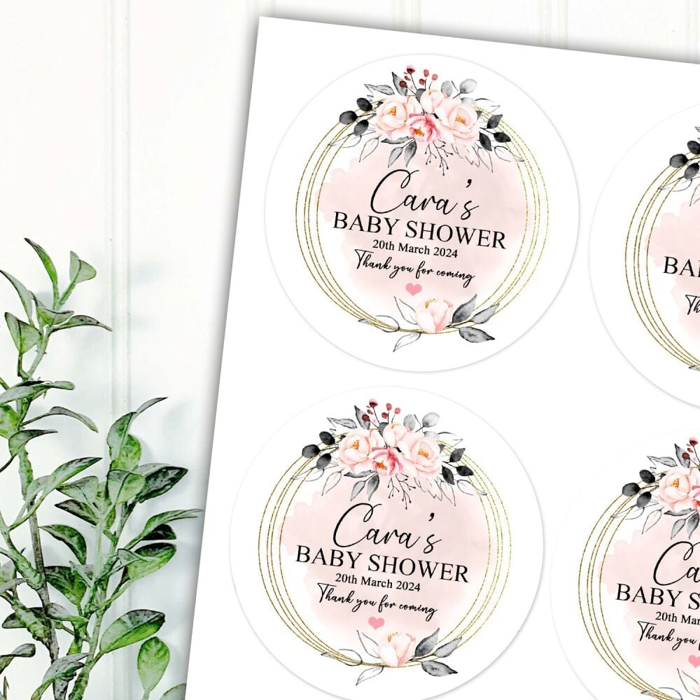 Blush Pink Gold Floral Frame Personalised Baby Shower Party Stickers