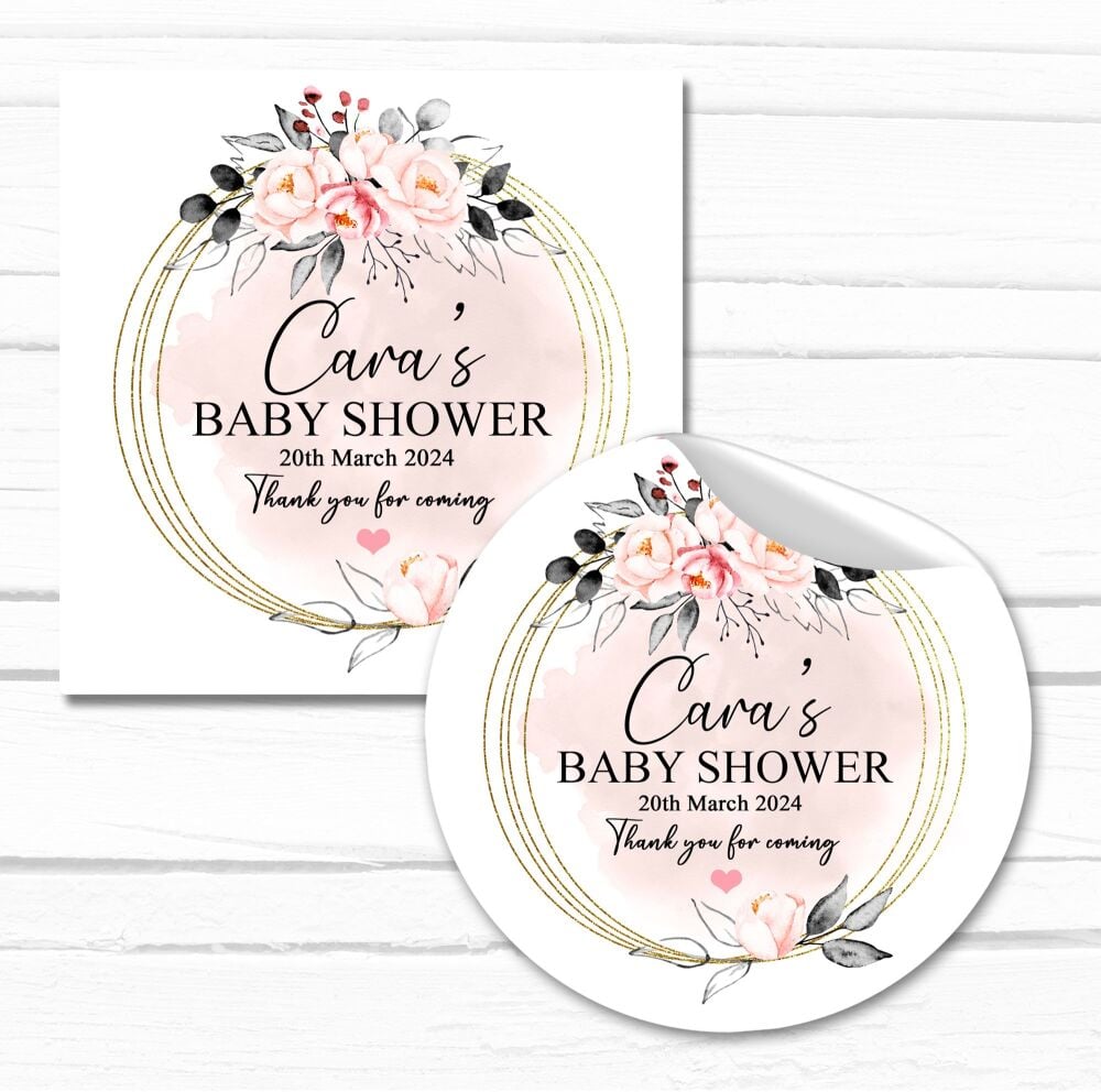 Blush Pink Gold Floral Frame Personalised Baby Shower Party Stickers