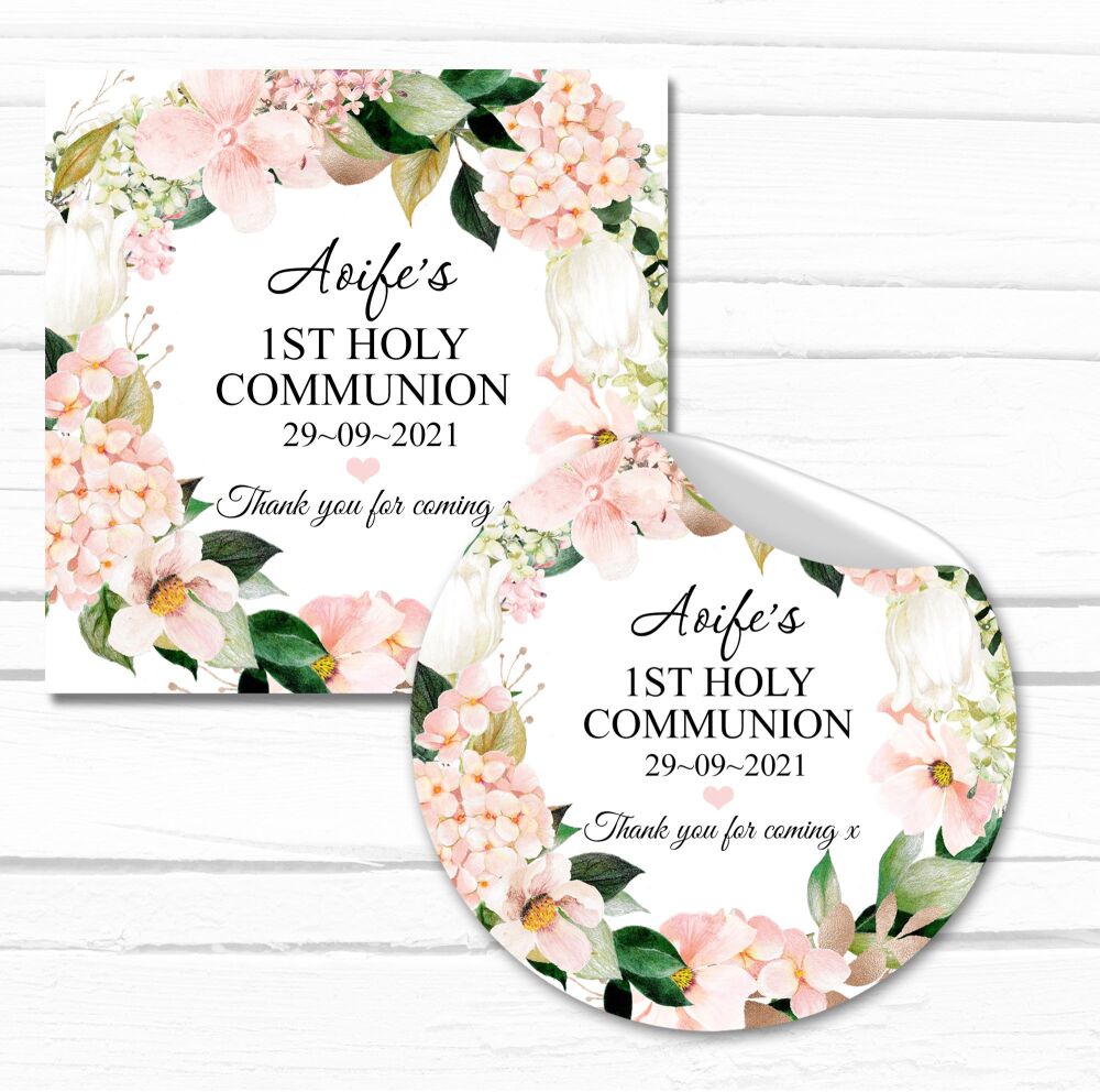 Personalised Holy Communion Stickers Bush Pink Hydrangeas