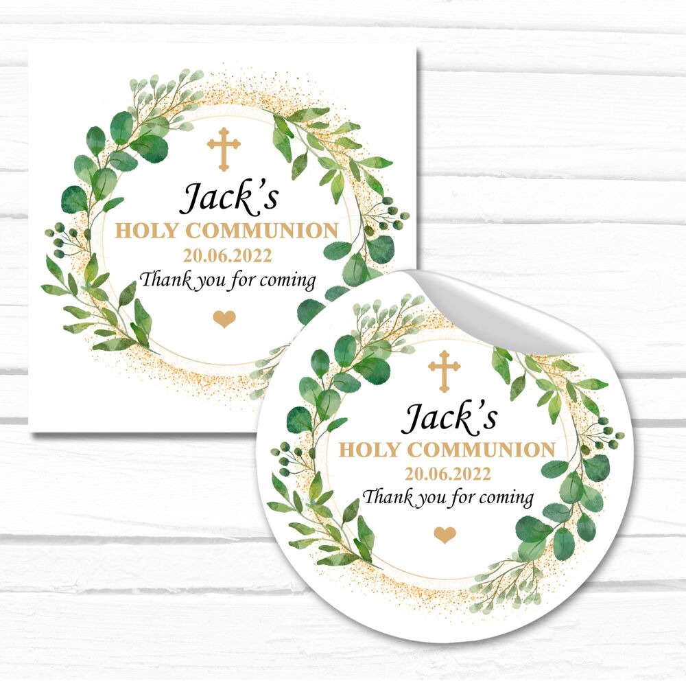 Personalised Holy Communion Stickers Green Botanicals Cross