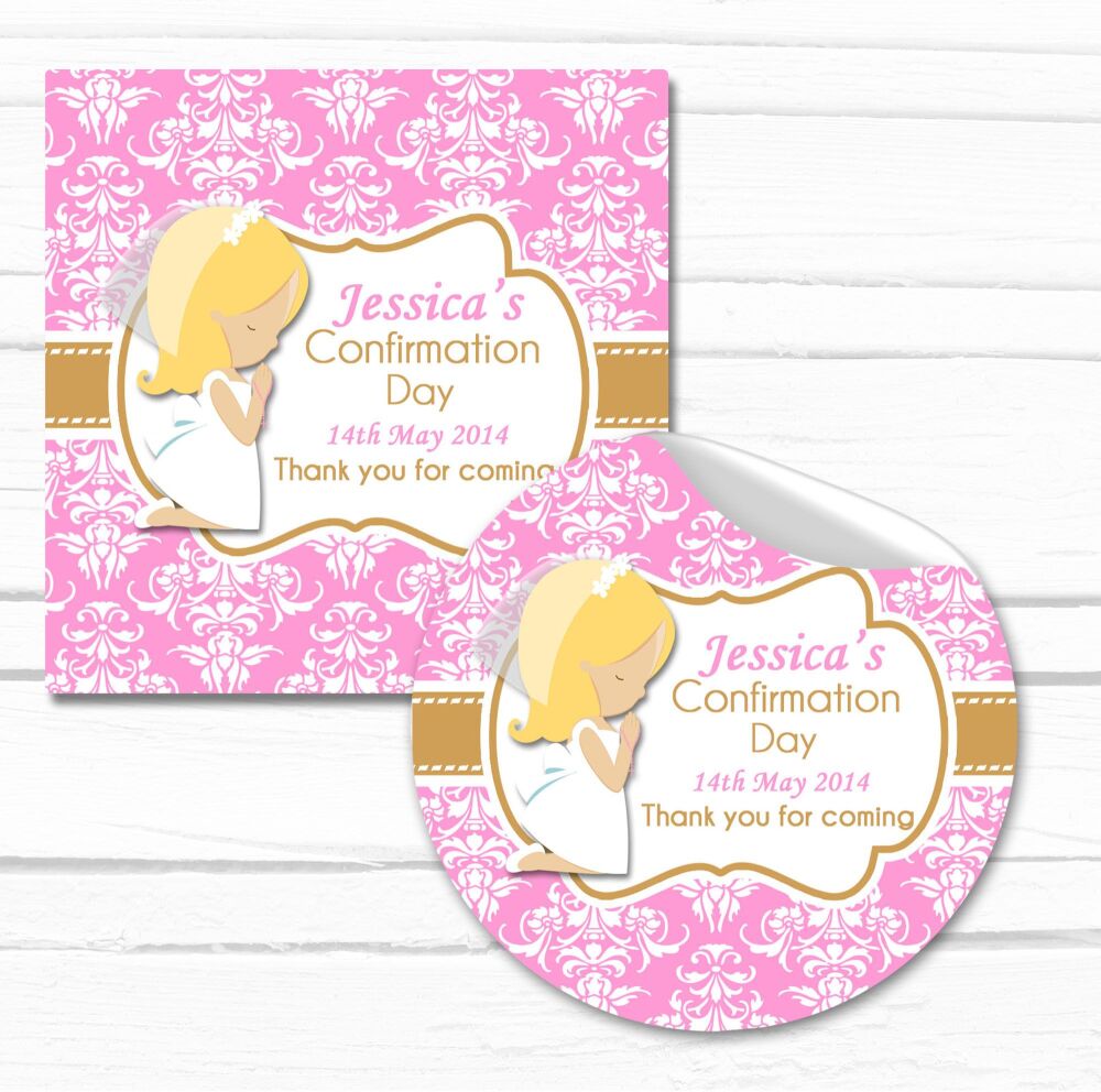 Personalised Holy Communion Stickers Pink Praying Girl Blonde