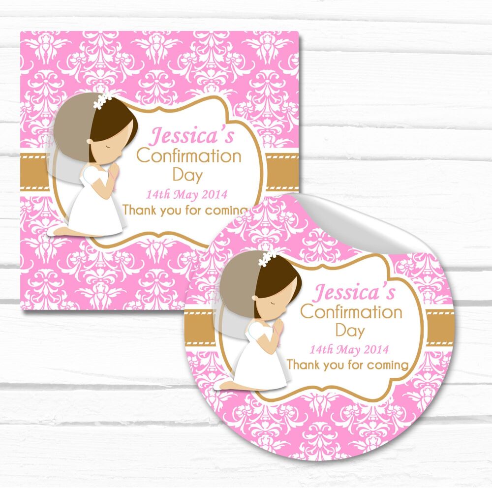 Personalised Holy Communion Stickers Pink Praying Girl Brunette