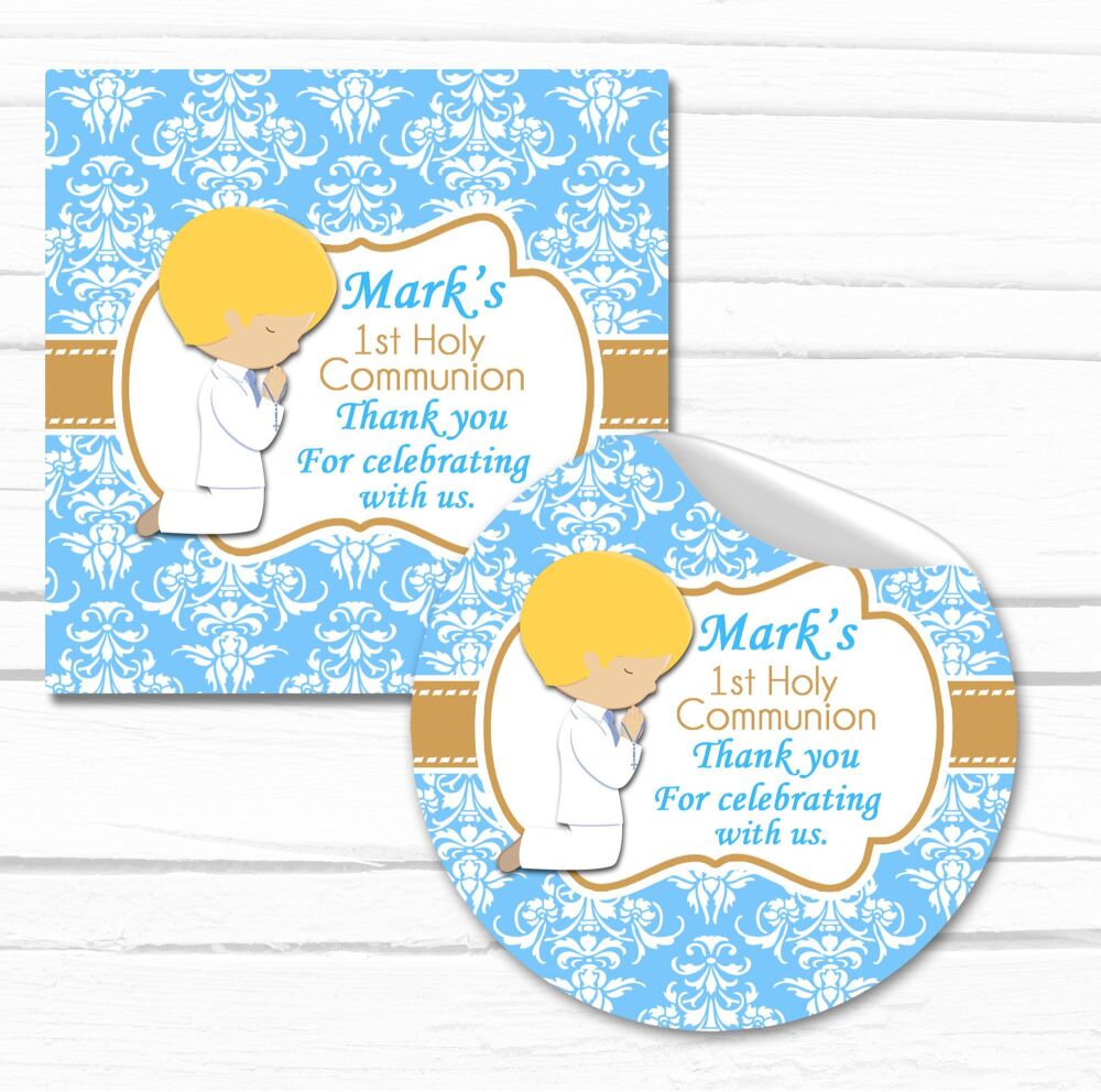 Personalised Holy Communion Stickers Blue Praying Boy Blonde