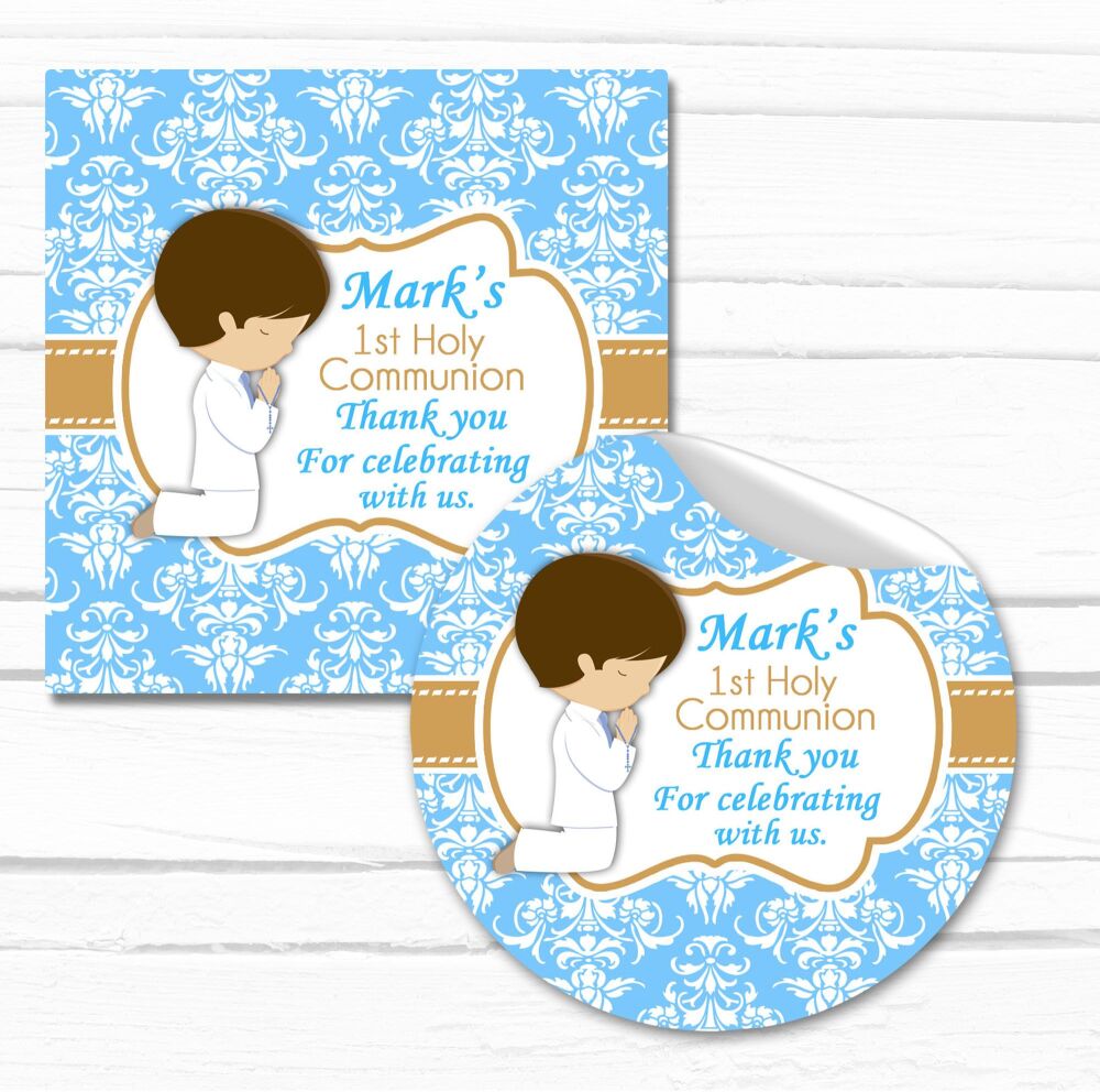 Personalised Holy Communion Stickers Blue Praying Boy Brunette