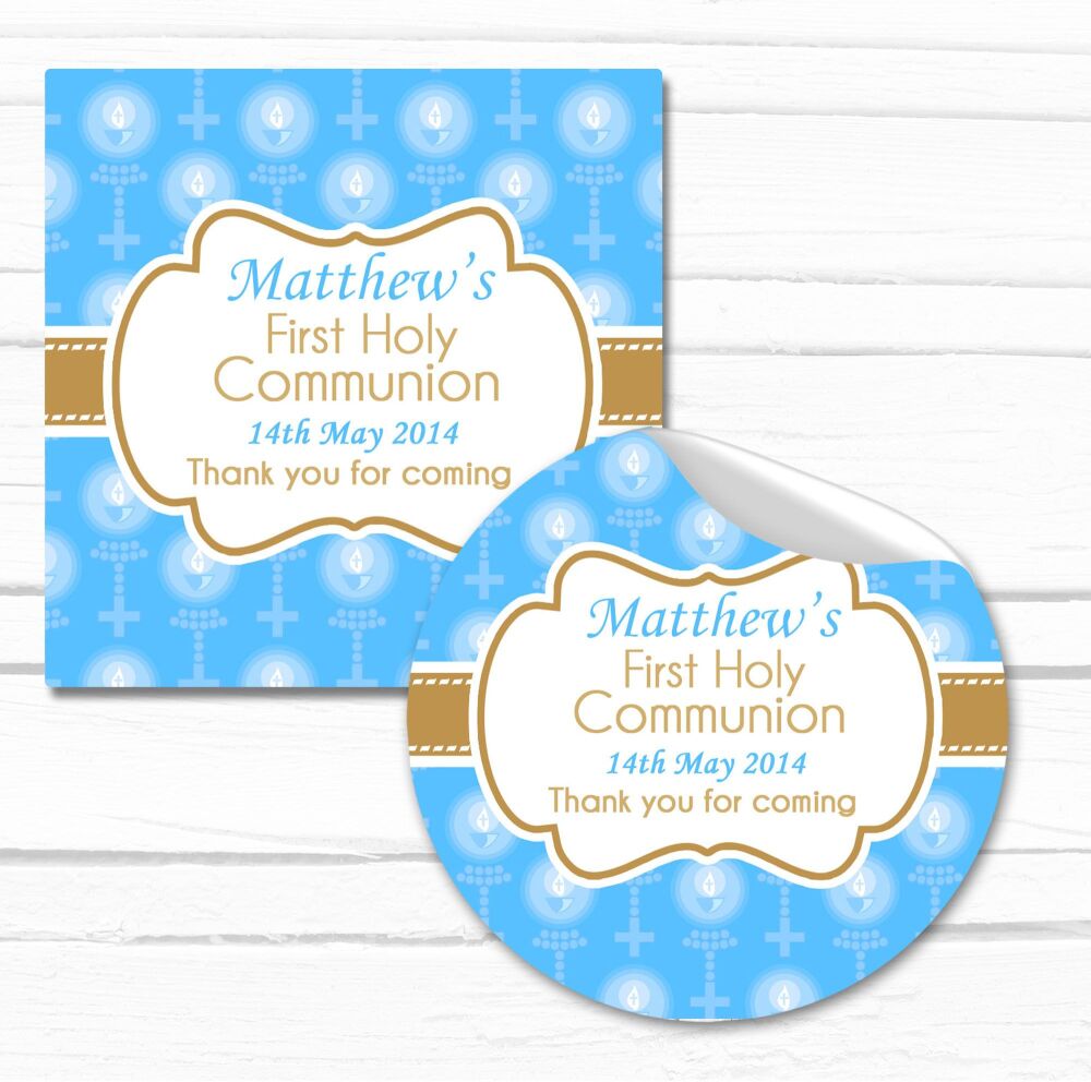 Personalised Holy Communion Stickers Blue Beads And Candles