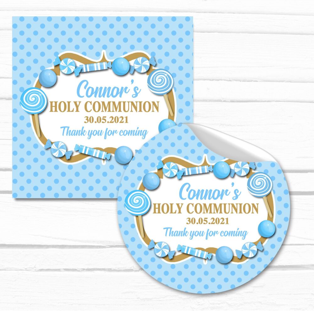 Personalised Holy Communion Stickers Blue Sweets