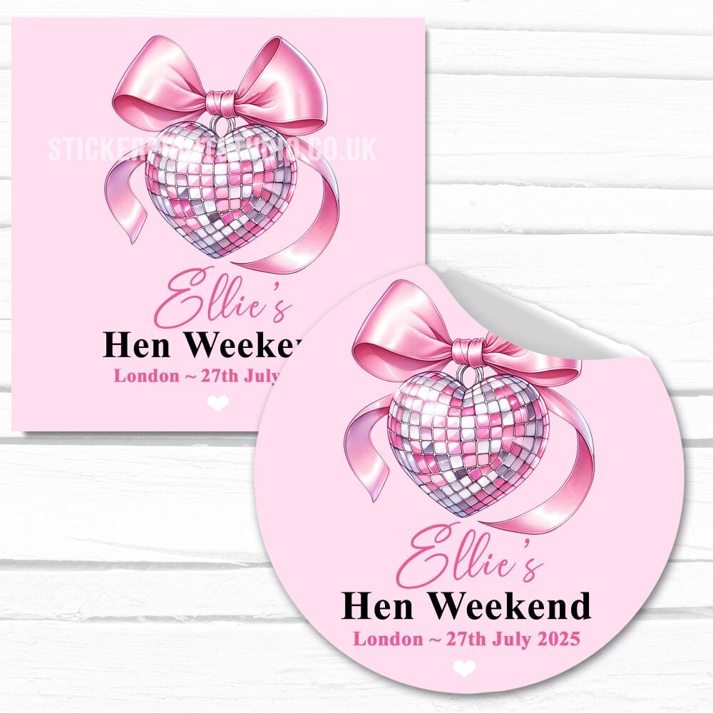 Personalised Hen Party Stickers Pink Heart Disco Ball Bow