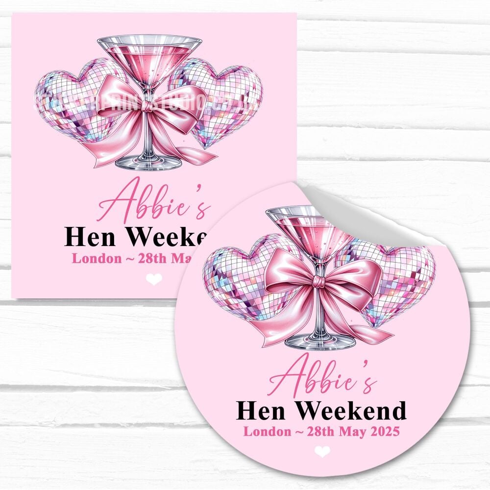 Personalised Hen Party Stickers Glass With Bow Pink Heart Disco Balls