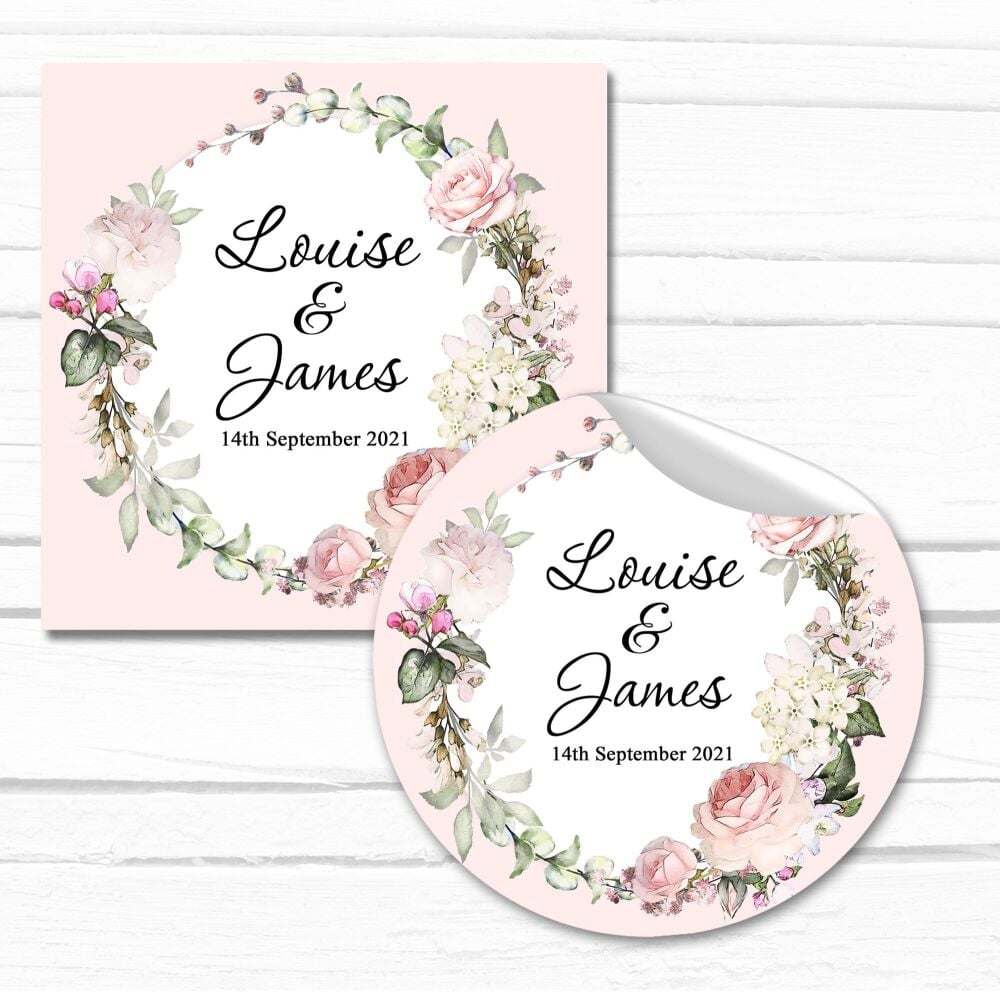 Pink Vintage Roses Wreath Personalised Wedding Stickers