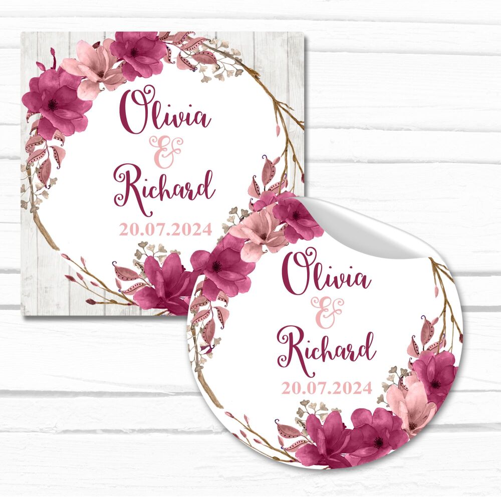 Plum Rose Gold Floral Branch Wreath Personalised Wedding Stickers