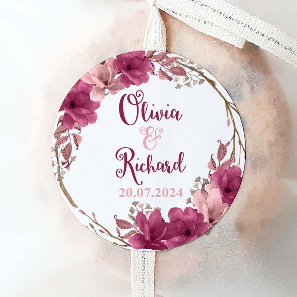 Plum Rose Gold Floral Branch Wreath Personalised Wedding Stickers