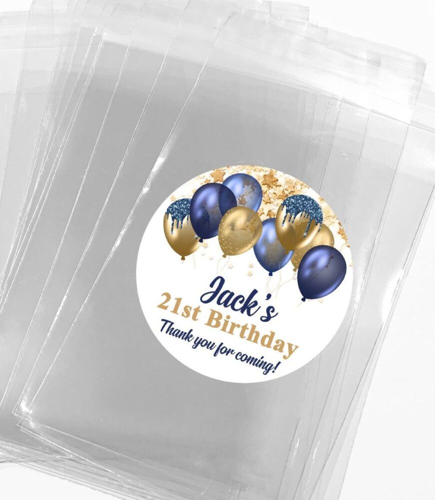 Navy Blue Gold Balloons Personalised Birthday Favour Bags With Stickers Kits