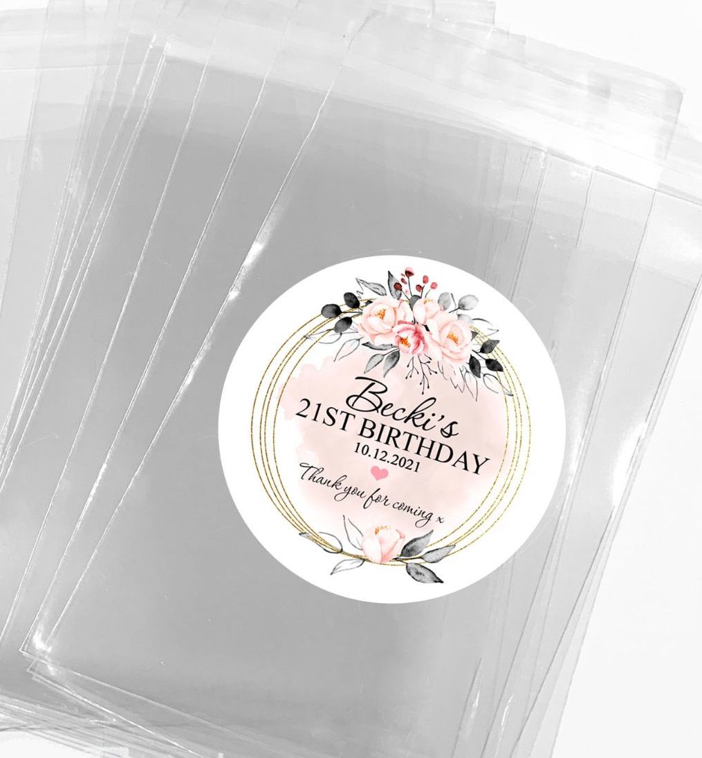 Pink Floral Frame Personalised Birthday Favour Bags With Stickers Kits Blush