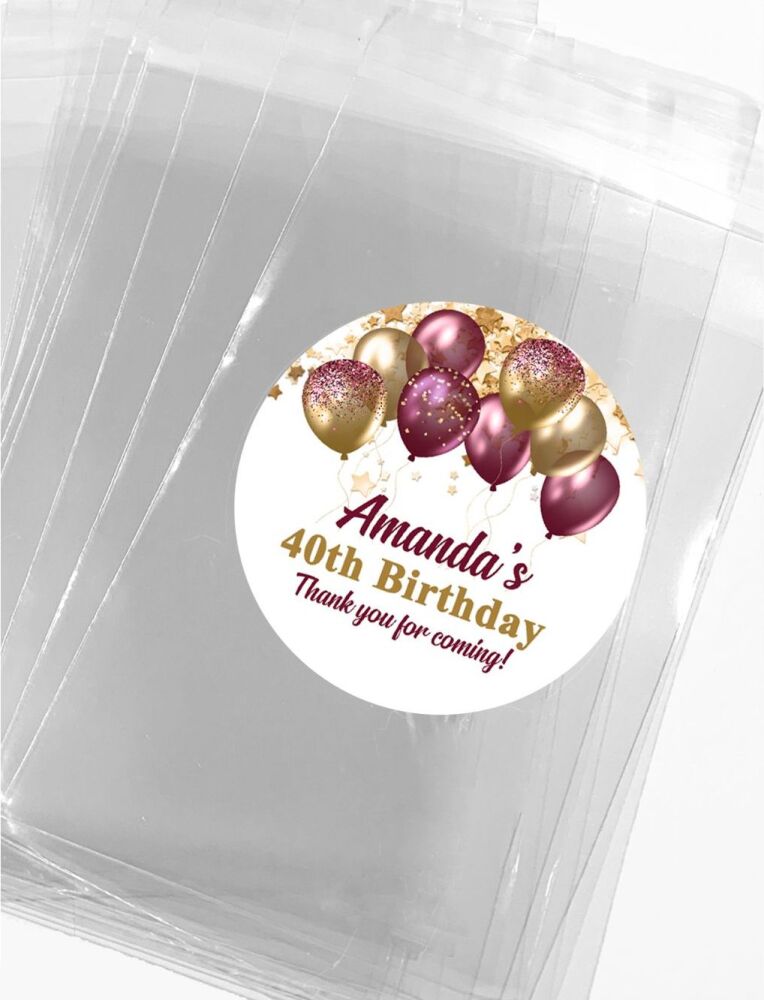Burgundy Gold Balloons Personalised Birthday Favour Bags With Stickers Kits