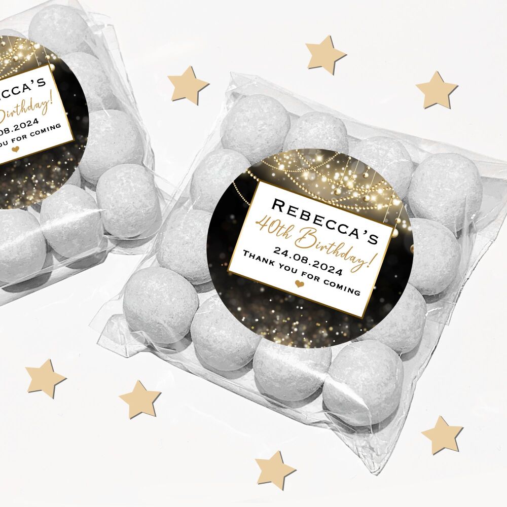 Black Gold Bokeh Lights Personalised Birthday Favour Bags With Stickers Kits 