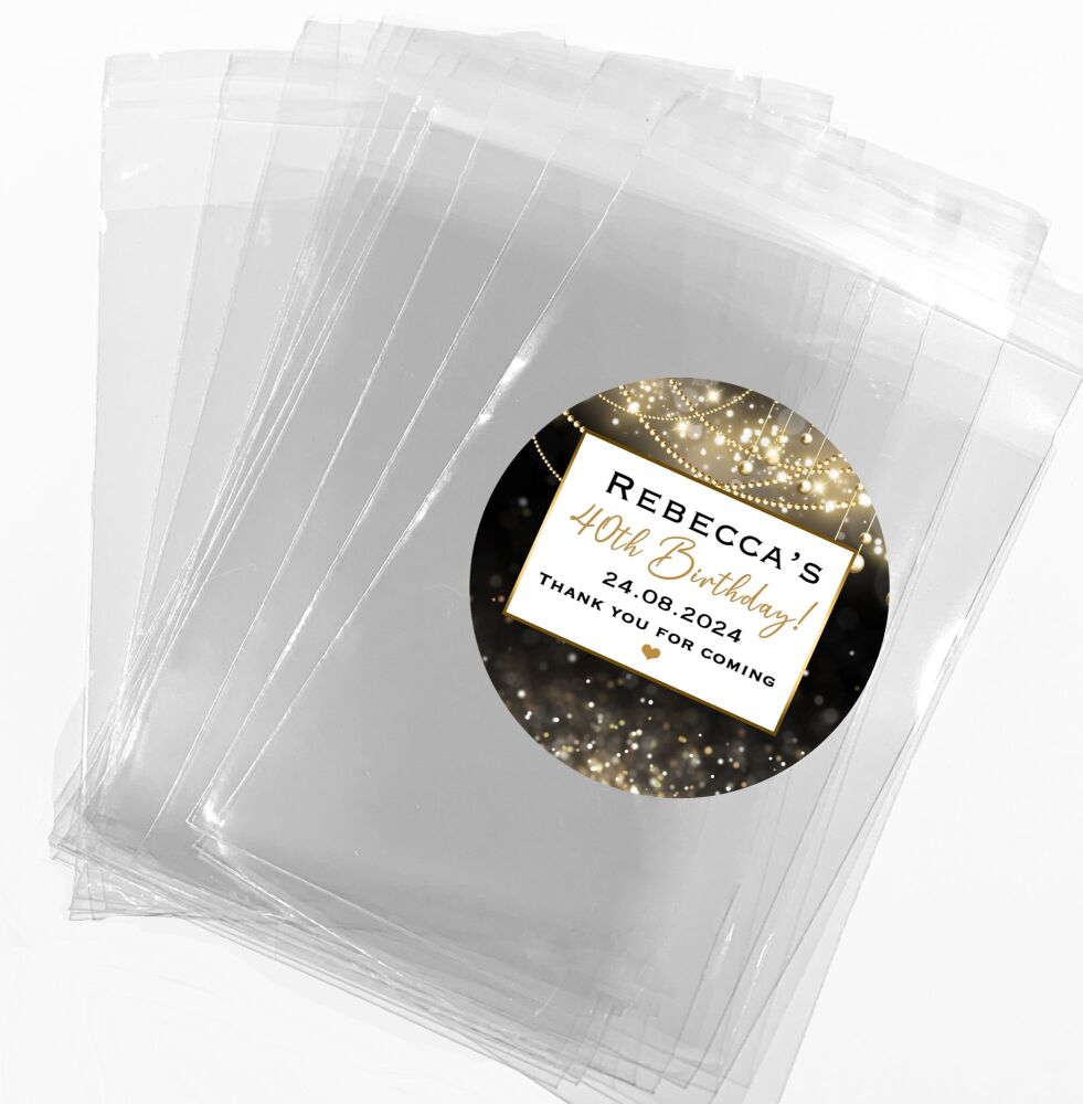 Black Gold Bokeh Lights Personalised Birthday Favour Bags With Stickers Kits 