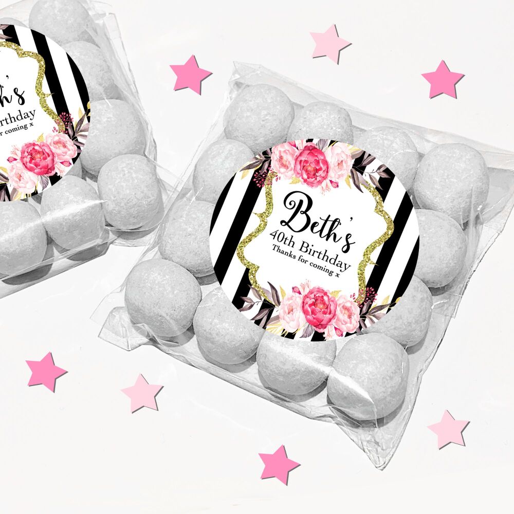 Personalised Birthday Favour Bags With Stickers Kits Black Stripes Flowers 
