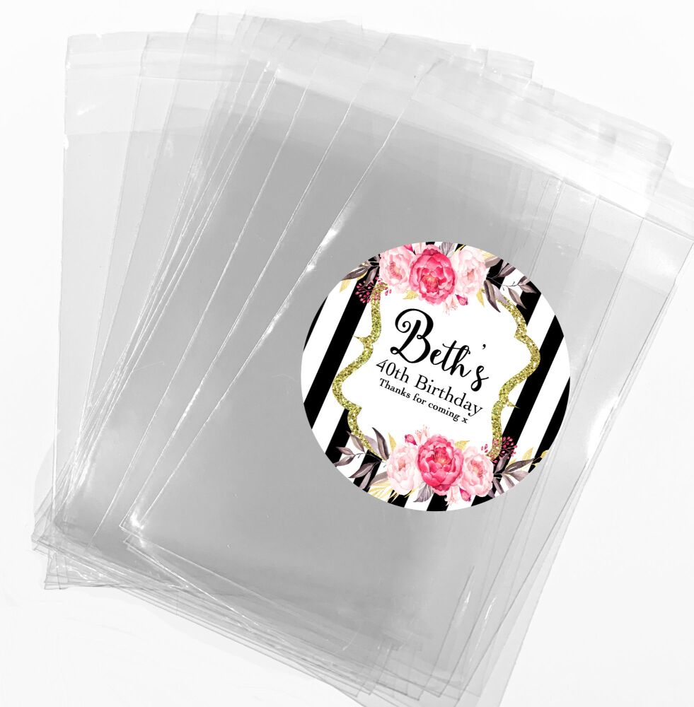 Black Stripes Flowers Personalised Birthday Favour Bags With Stickers Kits