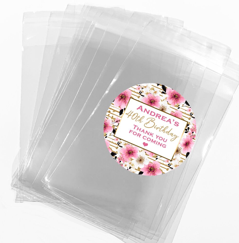 Pink Flowers Gold Stripes Confetti Personalised Birthday Favour Bags With Stickers Kits 