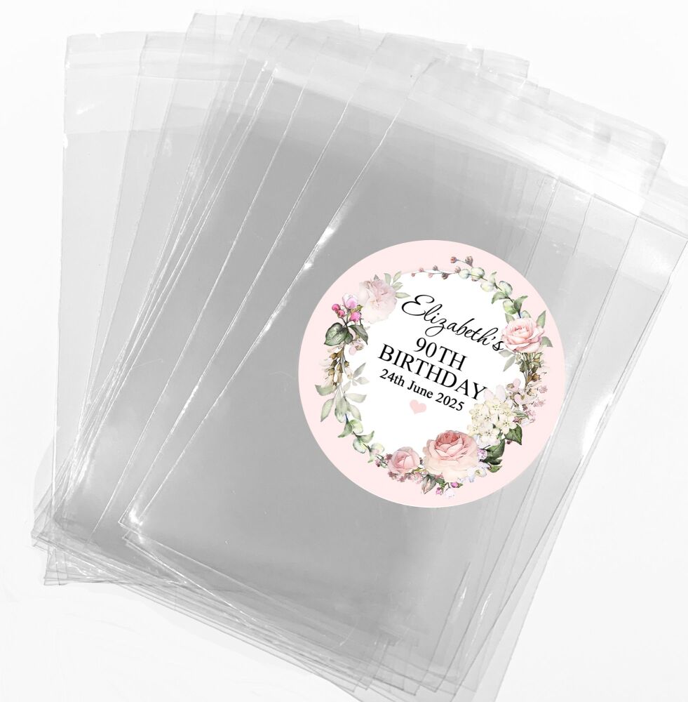 Pink Vintage Roses Wreath Personalised Birthday Favour Bags With Stickers Kits